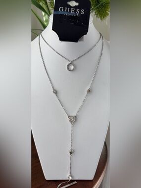 Guess Layered Silvertone  Long chain & choker clear circle rhinestones,elegant